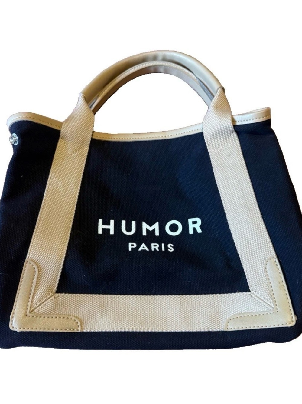 Humor Paris Cotton Canvas Tote Bag Black Ivory trim Prominent White Logo Classic